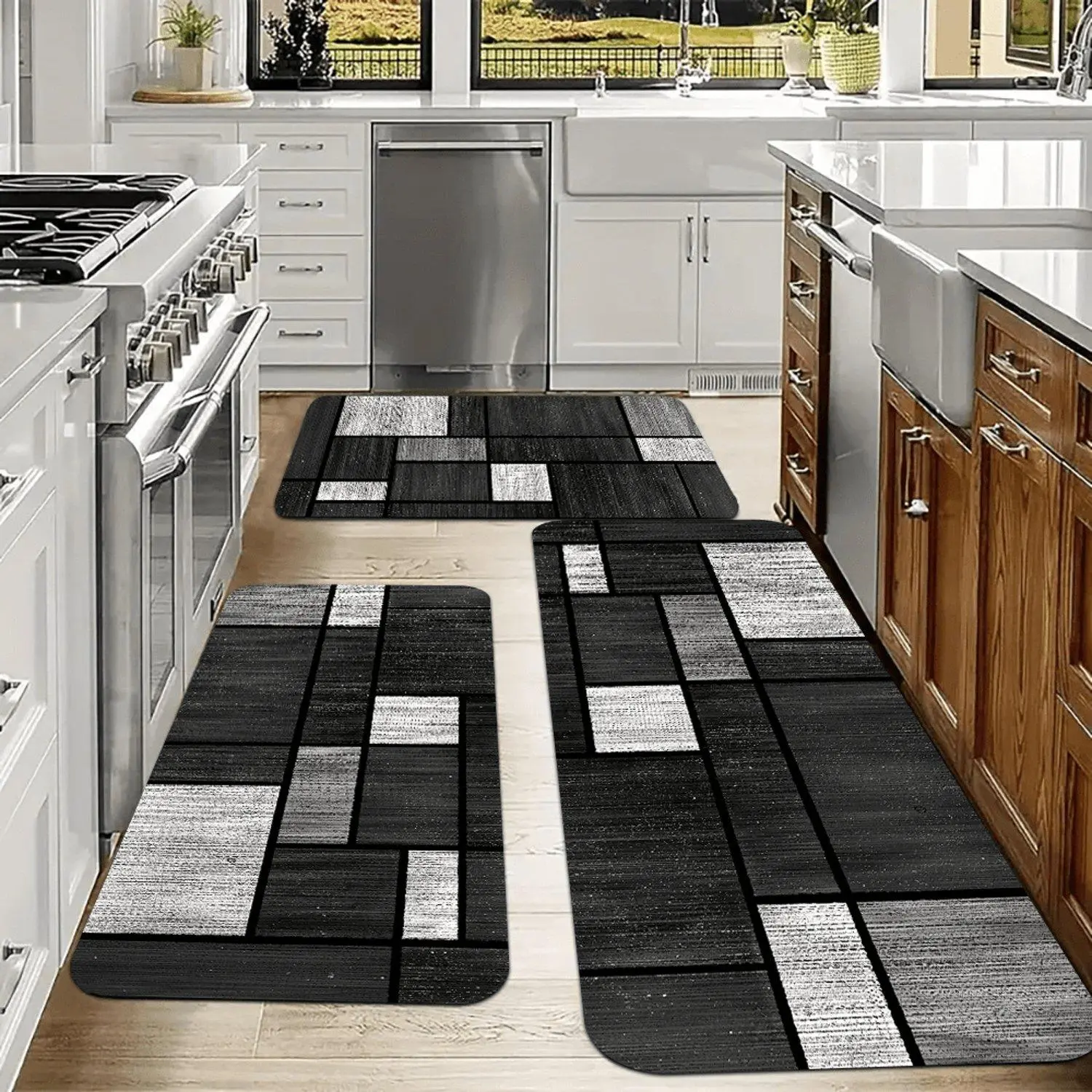 Flannel Black‑Grey Patchwork Mosaic Geometric Block Printed Kitchen Water‑Absorbent Non‑Slip Washable Doormat For Home