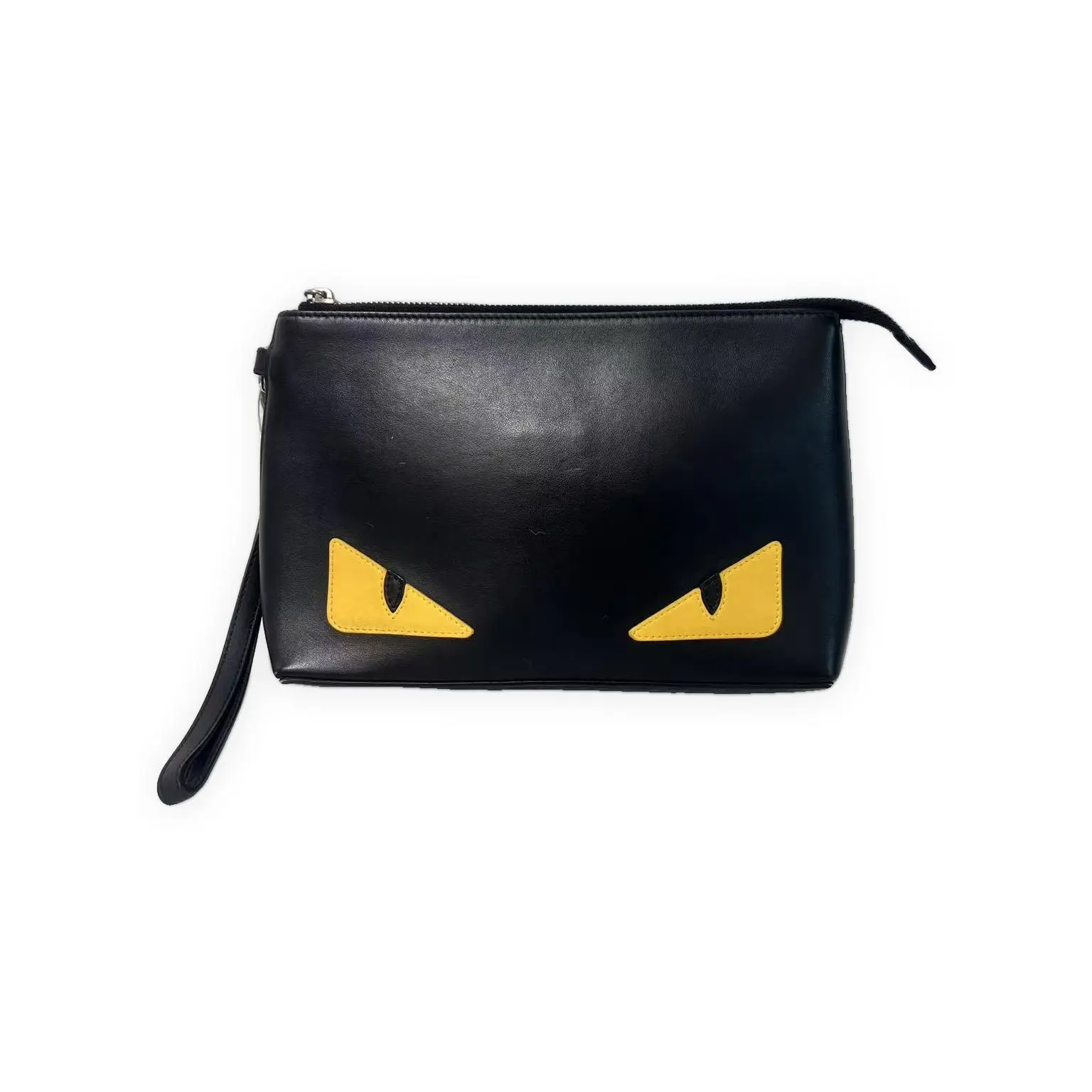 Pre-owned FENDI calfskin leather Clutches & Wristlets Monster Eyes Clutch/Wristlet Pouch Black with Yellow Motif, Silver Accents, Very Good Condition, Light Wear with Minor Marks or Scratches, S014260506075
