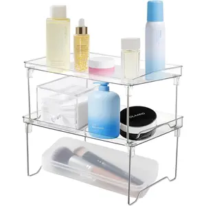 2 Pcs 3 Tier Bathroom Counter Organizer, Stackable Vanity Countertop Skincare Cosmetic Plastic Storage Shelves, Foldable Makeup Organizer for Bathroom Dresser Vanity Organization
