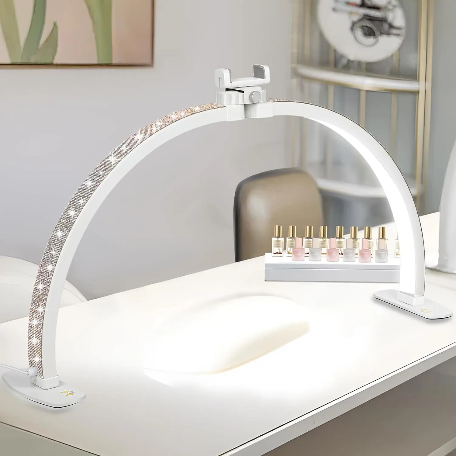 29IN Half Moon Light for Nail Desk, Desk-top Nail Lamp with Sparkling Rhinestones, Folfing Lamp with Phone Holder, Manicure, Diamond Painting, Sewing, 10 Brightness Levels for Gifts for Women