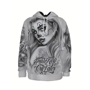 Men'S 3D Chicano Streetwear Hoodie - Smile Now Cry Later Full-Body Graphic Print, Black & White Urban Style with Pockets & Drawstring Hood, Machine Washable Round Neck Pullover for Autumn/Winter, All-Day Comfort for Daily, Work,  Casual Fabric