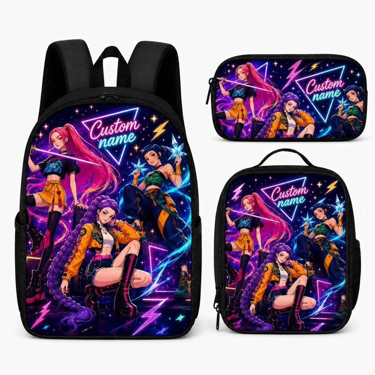Custom Name Cute Cartoon K-Pop Hunter Girl 3Pcs Backpack Set - Schoolbag Insulated Lunch Tote Pencil Case - Personalized Back to School Gift
