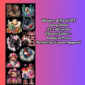 Western & Floral DTF Gang Sheet 22x60 – Ready to Press | Vibrant Colors