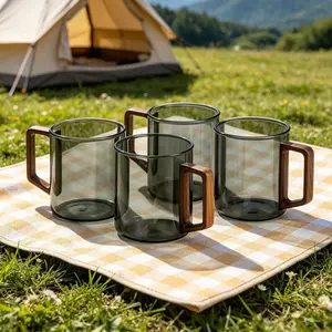 Minimalist Smoky Gray High Borosilicate Glass Mug with Wooden Handle, 1 Pack 500ml/17oz Wide Mouth Anti-Scald Thermal Shock Resistant Cup, Food Grade BPA Free Lead Free Dishwasher Safe Drinkware for Coffee Tea Whiskey, Ideal Father's Day Birthday Gift for
