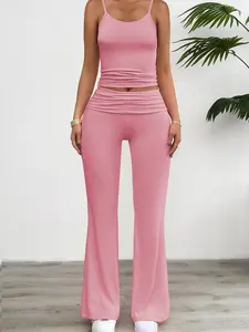 USBOUTIQUE CHIC Women‘s 2026 Spring Two Piece Set Sleeveless Top & High Waist Wide Leg Pants Casual Outfit