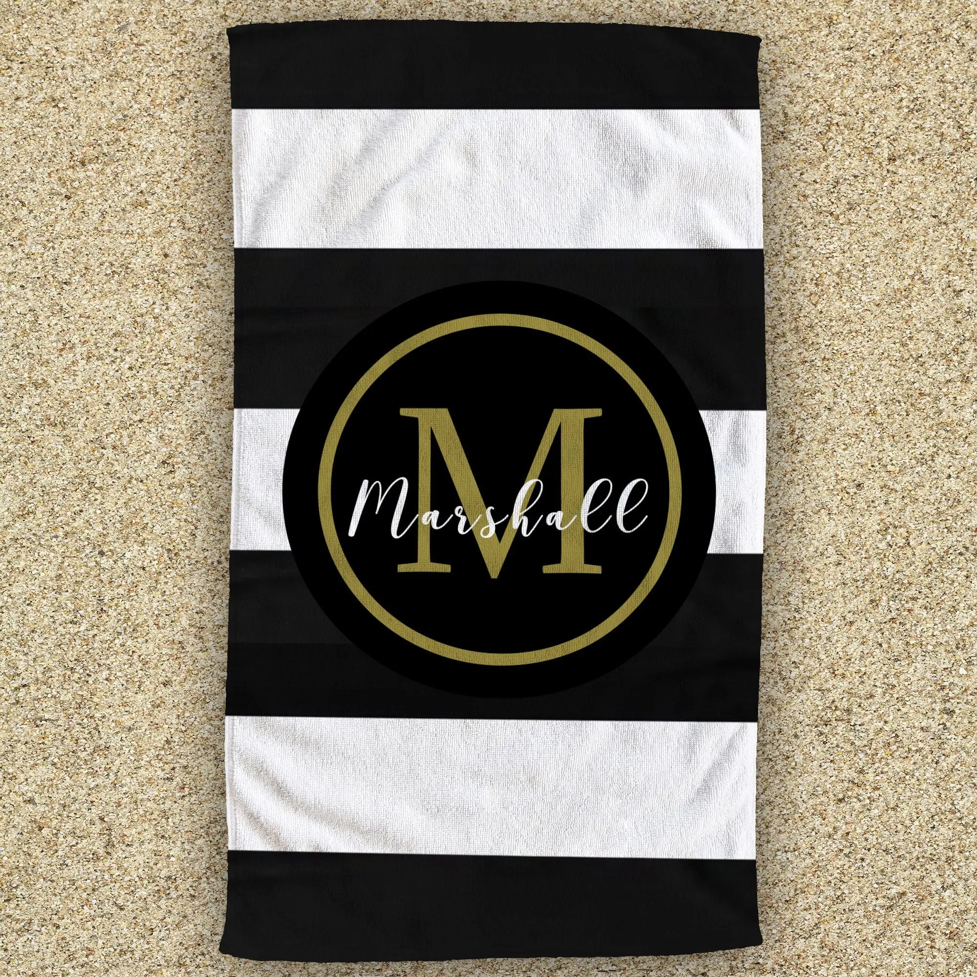 Elegant Stripes Gold Monogram Name Beach Towel