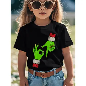 Fun Christmas 67 emoji pack with Christmas elf hand pattern, premium three-blend fabric T-shirt for children | Unisex graphic crew neck T-shirt, suitable for lower elementary school students - birthday party outfits or everyday playwear - easy to care for