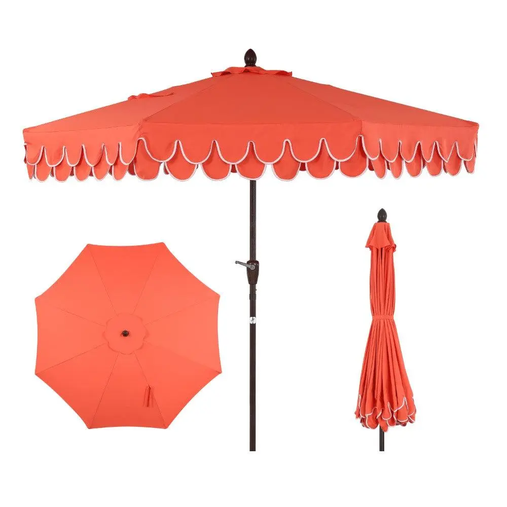 JONATHAN Y Tracy 9 ft. Adjustable Mid-Century Scalloped Fringe Crank Operated Parasol Patio Umbrella – Deck Shade Solution with Auto-Tilt, Vented Wind Vent, UV Protection, Assembly Required