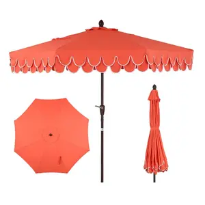 JONATHAN Y Tracy 9 ft. Classic MidCentury Scalloped Fringe Market Patio Umbrella with Auto-Tilt, Crank, Wind Vent and UV Protection  windproof