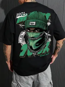 Men's Urban Trap Graphic Oversized T-Shirt | 1974 Retro Back Print Streetwear with Ski Mask & Chain Illustration | Cyber Green Hip Hop Drop Shoulder Tee | Bold Y2K Aesthetic Summer Top