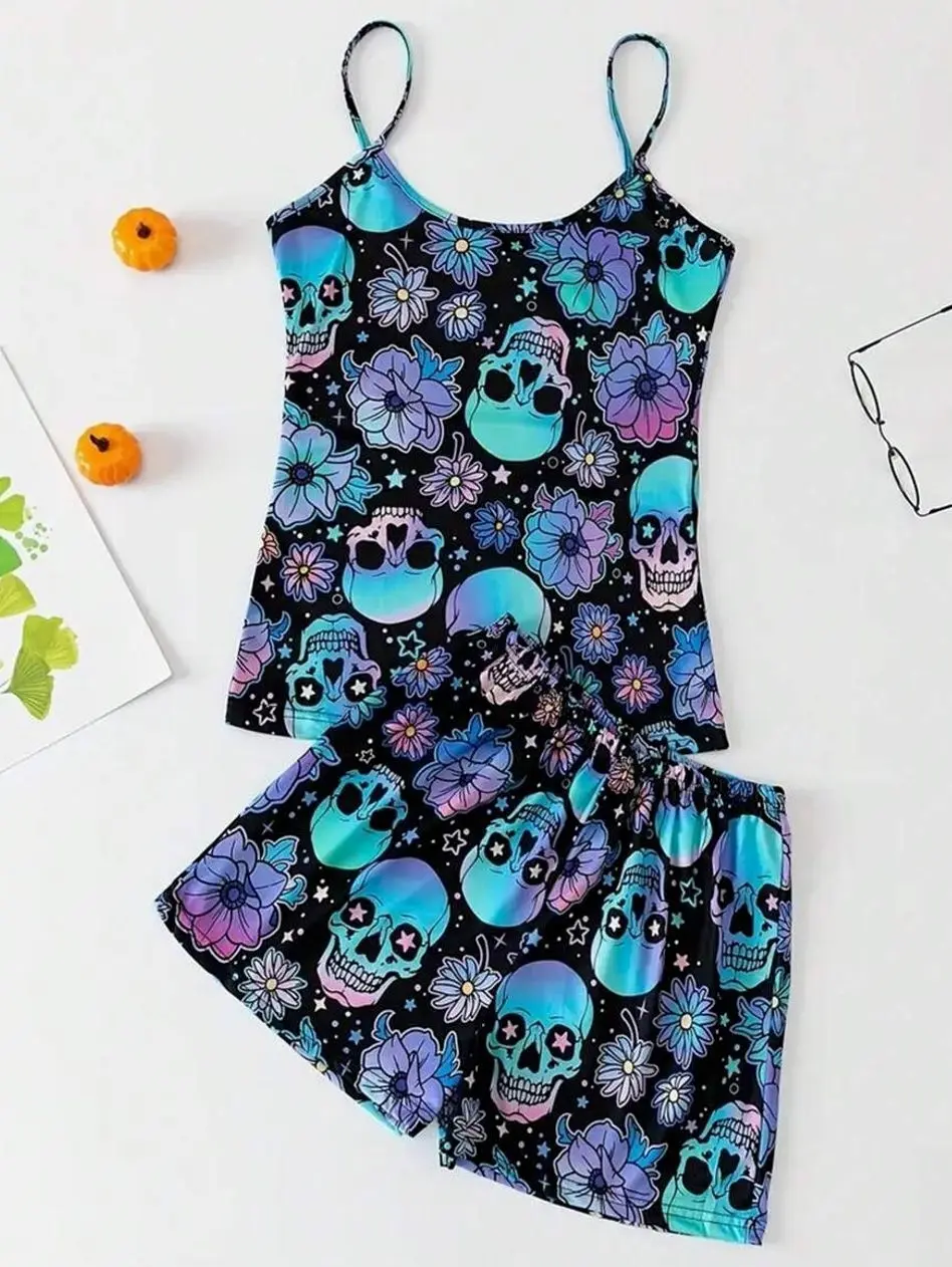 Blue Skull Floral Print Cami Pajama Set, Sexy Backless Gothic Style Sleepwear For Women