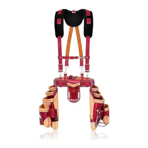 FUERI 16 Pocket Leather Tool Belt with Suspenders,Comes with Padded Belt, Big Pouches, Hammer Holder,Suspender loops and Leather Suspender, Ideal for Construction Workers, Carpenters and Electrician. Safety
