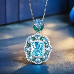 jewelry [Vintage Moissanite Necklace] 5ct Emerald Cut Moissanite Pendant Necklace | 11*8mm D Color Green/Blue, 925 Sterling Silver Vintage Statement Gemstone Necklace for Women, Jewelry Gifts