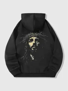 Men's Casual Fitted Half-Zip Knit Hoodie Set, Trendy Faith Graphic Print, Comfortable & Durable, Street Style, Fall & Winter Fashion