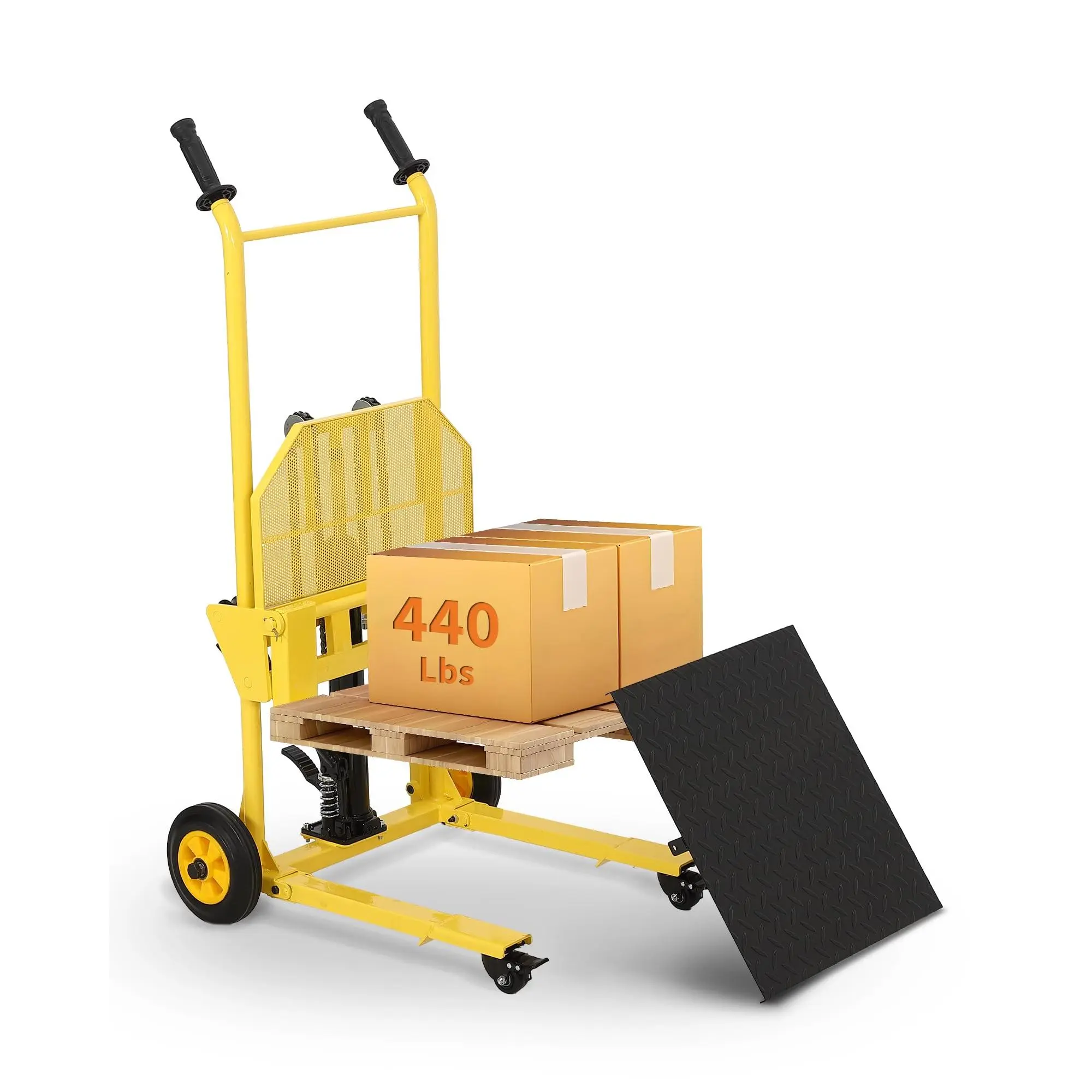 GARVEE Hydraulic Material Lift, 440lbs Capacity Pallet Truck Dolly, Lift Table, Fork Lift, 36" Max Lift Winch Stacker, Multifunctional Hydraulic Hand Truck with Steel Platform Board, Adjustable Forks