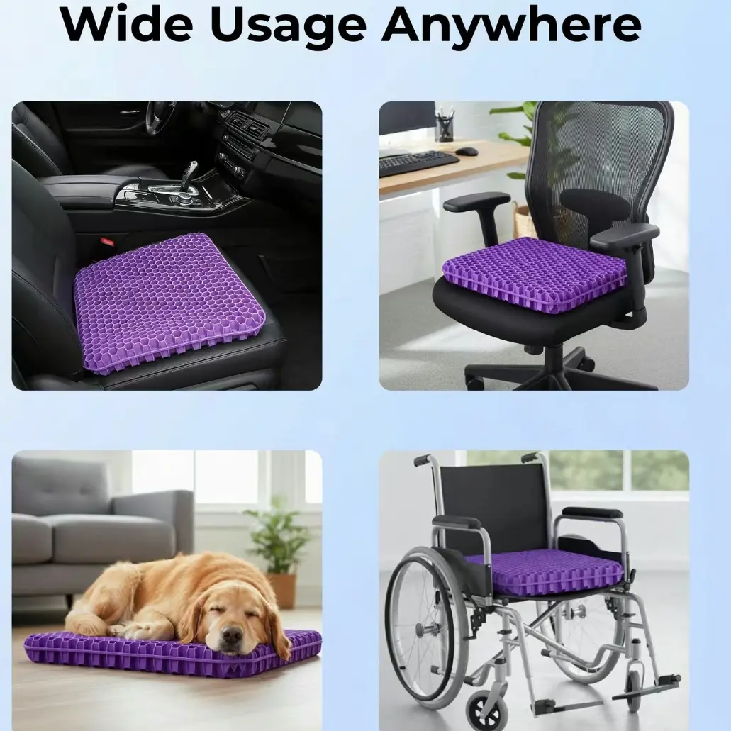 Purple Gel Seat Cushion, Firm Honeycomb Cooling Seat Pad with Non-Slip Cover, 16.54 x 14.17 x 1.38 in, Washable Cushion for Office Chair, Car Seat, Home & Summer Sitting Comfort