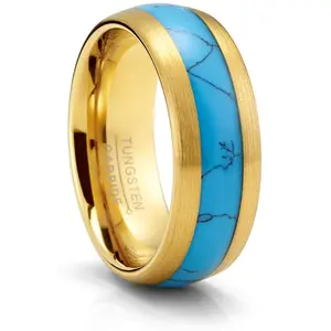Men's Black Tungsten Ring Wedding Band Goldtone Real Blue Turquoise Inlay Dome 8MM Comfort-Fit
