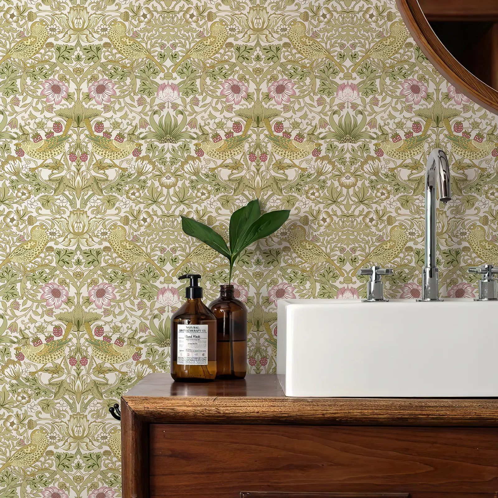 William Morris Peel and Stick Wallpaper 17.3 x 240in Vintage Floral Birds Strawberry Wall Paper Self Adhesive Removable Botanical Waterproof Contact Paper for Bedroom Kitchen Cabinets