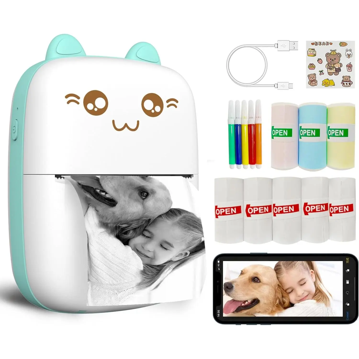 Android Mini Usb Sticker Printer Mini Printer Portable, Inkless Sticker printer with 8 Rolls Paper, mini ...