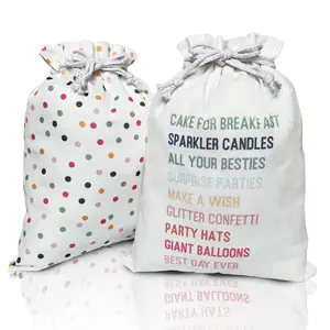 Gather & Knot Drawstring Gift Bags | 16" Medium Happy Birthday Gender Neutral Reusable Fabric Wrap for Adult or Kids Birthday | Dots Christmas Gift