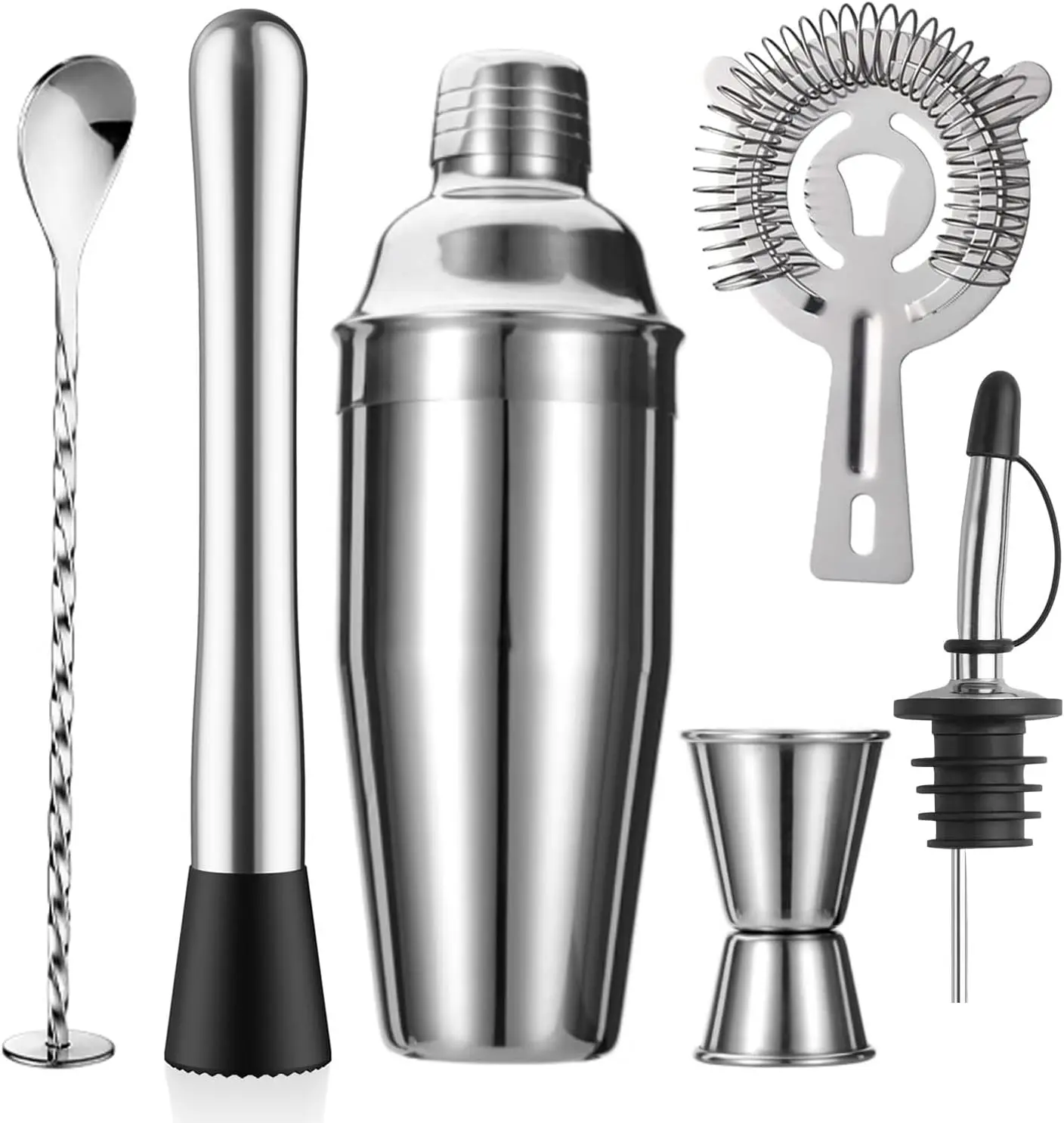 6-Piece Cocktail Shaker Set Bartender Kit Drink Shaker Bar Set | 24oz Martini Shaker, Strainer, Muddler, Jigger, Mixing Spoon, Pour Spout, Recipe Guide Stainless Steel Set Housewarming Gift