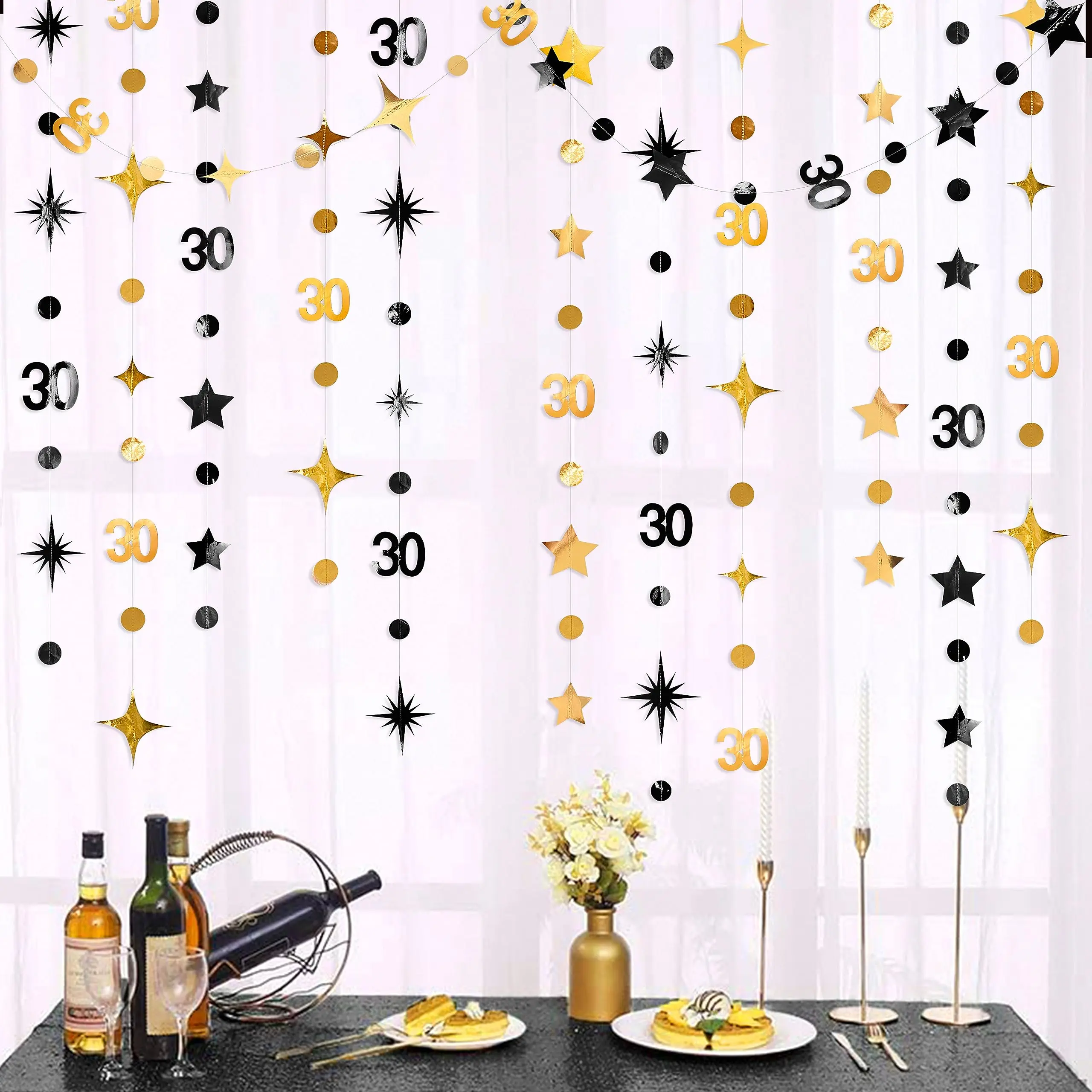 Black Gold 30th Birthday Decorations Number 30 Circle Dot Twinkle Star Garland Streamer Banner Backdrop Kit
