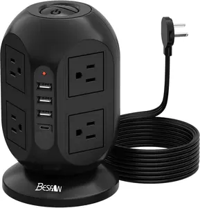 Surge Protector Power Strip Tower with 8 AC Outlets 4 USB Ports (1 USB C), 10 Ft Flat Extension Cord with Multiple Outlets Charging Station for Dorm Home Office Essentials, Black BESFAN