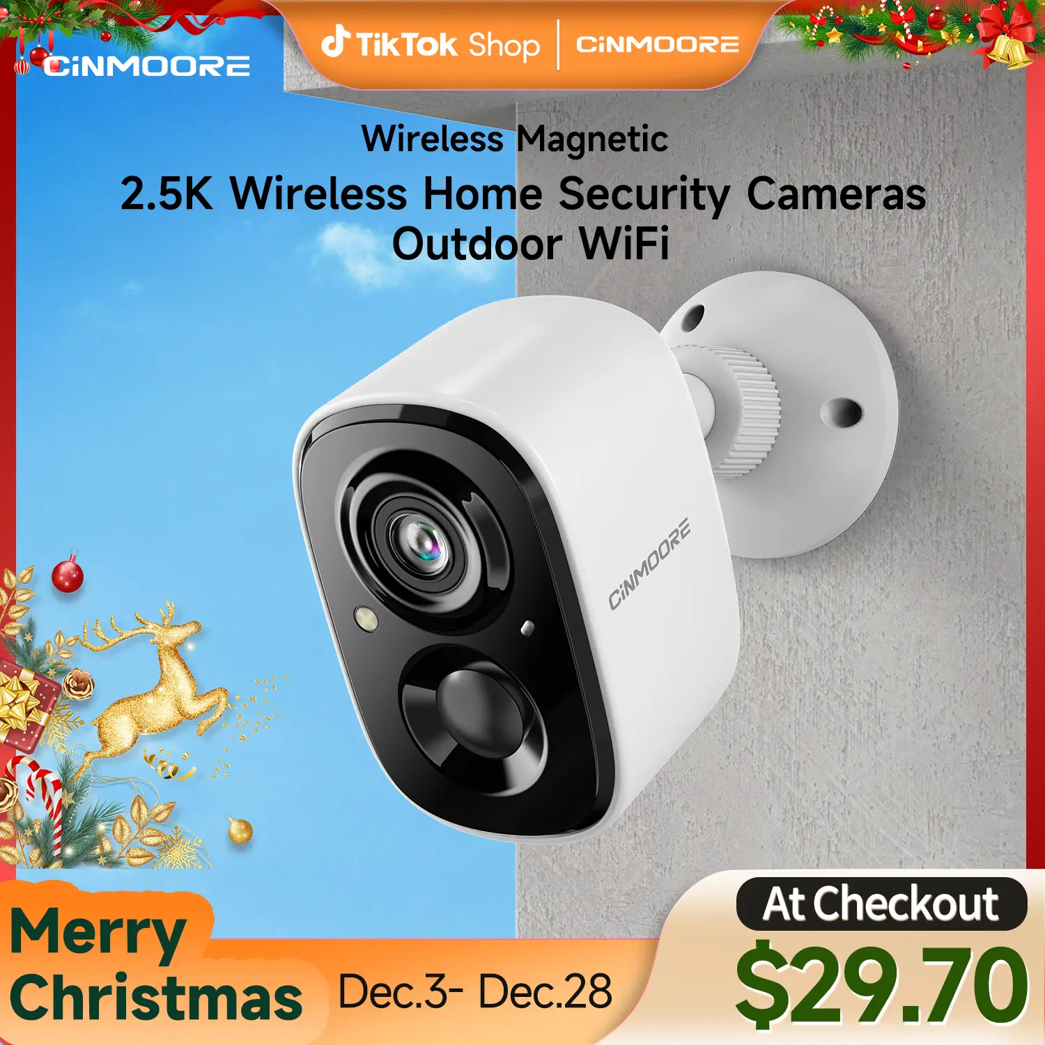 CINMOORE Wireless Magnetic 2.5K QHD Security Camera with Night Vision Motion Detection Two-Way Audio Wi-Fi Smart Garage Surveillance