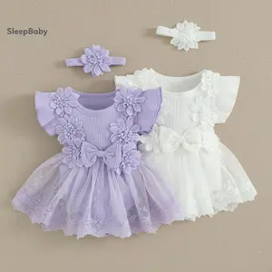 Baby Girl 2 Piece Outfits Mesh Lace Patchwork Ruffle Romper Dress and Headband Cute Fashion Summer Clothes Embroidered Smocked Toddler Dress