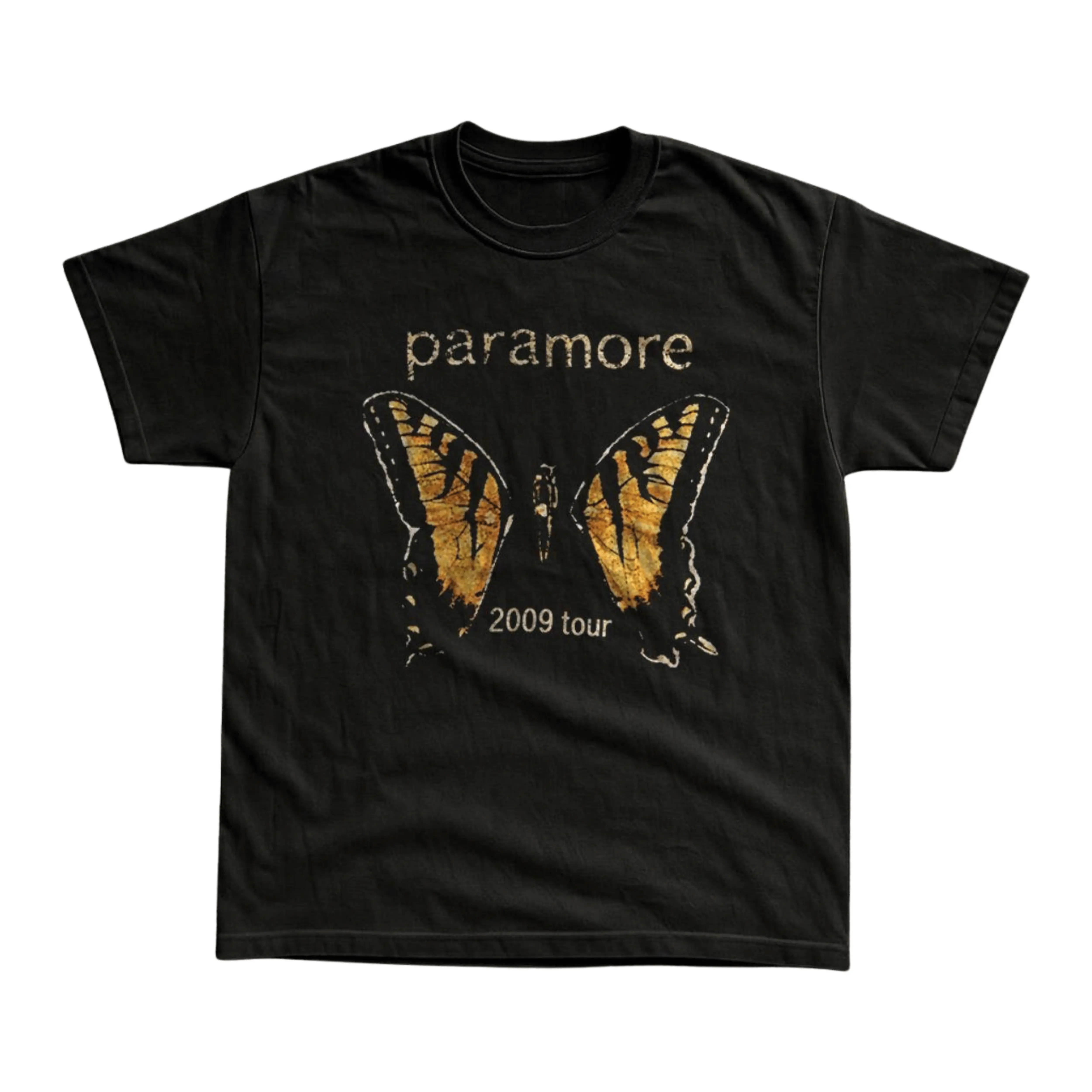 Gildan Men's and Women's T-Shirt, Vintage Style Paramore Brand New Eyes 2009 Tour Graphic Tee, Pop Punk Emo Rock Music Top, Distressed Yellow Butterfly Concert Art, Y2K Grunge Streetwear, Retro Black Tour Merch Outfit, Cool Music Fan Gift