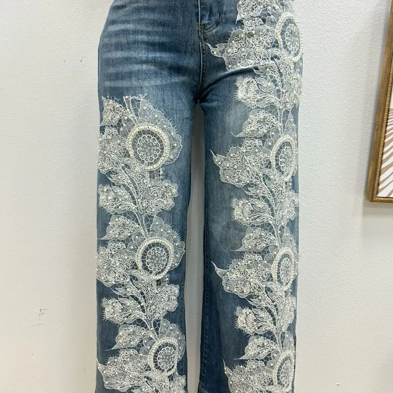 Womenswear Blue Denim Jeans with White Lace and Pearl Detailing