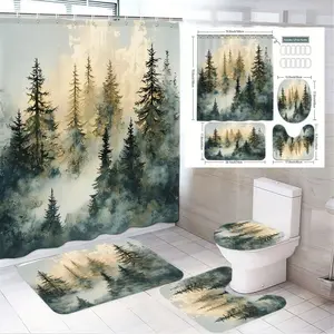 4pcs Nature-Inspired Bathroom Set, Misty Forest Theme, The floor mat fabric is thicker and softer!Includes Shower Curtain & Accessory Kit, Ideal for Serene Décor