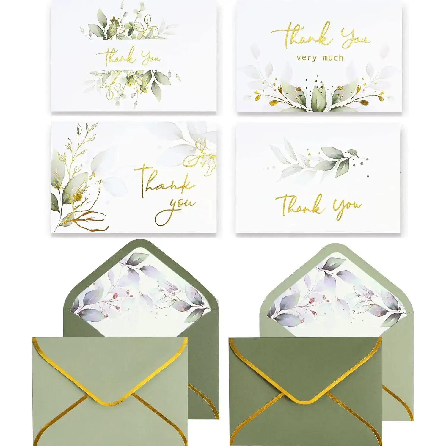 100-Pack Classy Look Water-Sealed Gold Thank You Letters with Envelopes - 5x3.5in Bulk Sage Green Office Stationery for Business, Birthday, Christmas, Wedding Celebrations, Anniversaries