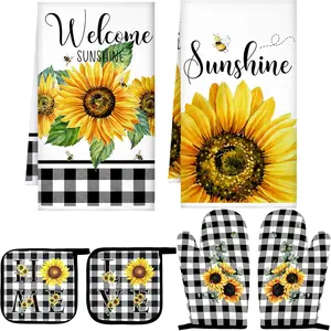 6 Kitchen Decor Pot Holders Oven Mitts 2 Dish Towels 2 Farmhouse Cooking Mittens Oven Glove 2 Potholder for Baking Cooking Grilling Supply Accessories(Yellow,Sunflower) Bakeware Rustic