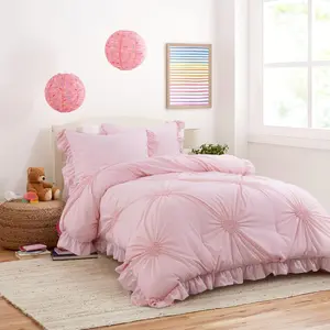 7 Pieces Full/Queen Pink Bedding Comforter Set for Girls with Matching Sheets and Shams, Pink Blush Pleat Comforter Set with Ruffles for All Season