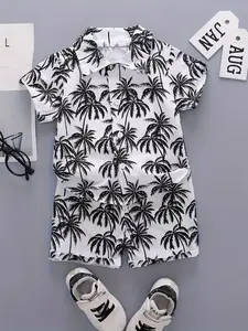Boys' Summer Coconut Tree Collar Short Sleeve Shirt Set, Kids Beach Vacation Style Two-Piece, Casual Slim-Fit Cartoon Pattern