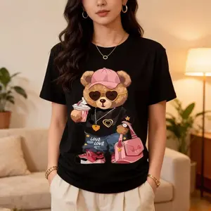 Ladies' Cute Teddy Bear Pattern T-shirt 100%25 Soft Cotton Round Neck Short Sleeve Top Casual Summer Spring Wear Fashionable Bear Design