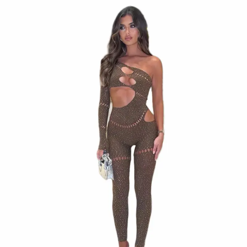 Hollow Out Rhinestones Jumpsuit Embellished Nights Out Fabric Fit Brown Skinny Elastic Spandex Overalls for Parties Clubs Spandex Womenswear Elastic Overalls Skinny Basic Champagne Long Sleeve Minimalist Nightouts Sexy Crystal Embellished cosplay