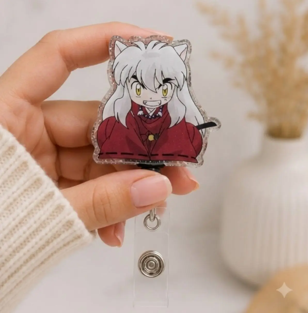 Anime Character Badge Reel - White Hair Dog Ear Warrior Retractable ID Badge Holder