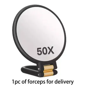 50x magnifying glass handheld mirror, with handle - Travel hand mirror with handle - Double-sided handheld magnifying glass, featuring 30x and 50x magnification functions, adjustable handle/stand, foldable travel makeup mirror (black)