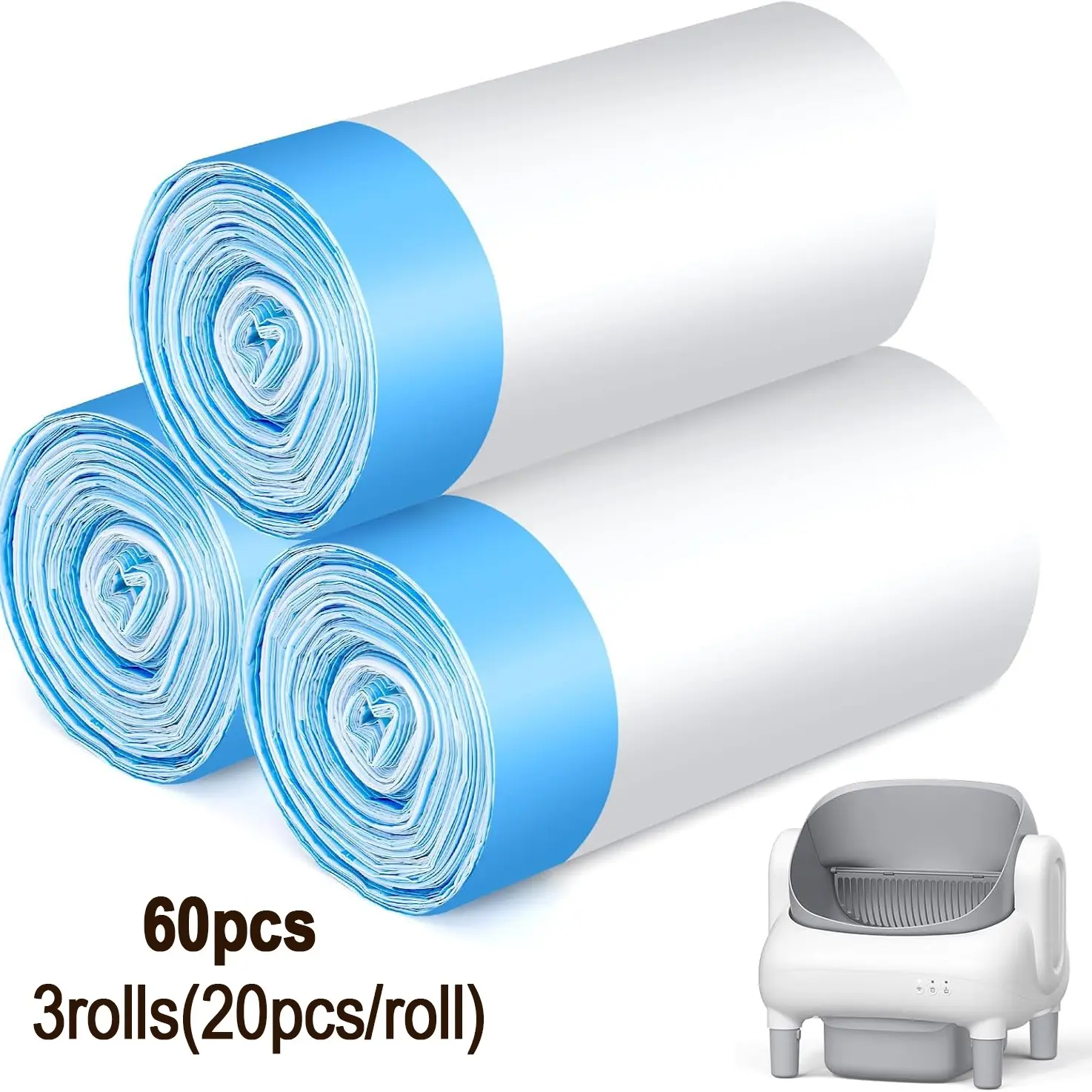 Cat Litter Bags, 3rolls each roll for 20 Pack Durable Drawstring Litter Box Liners for Automatic Cat Litter Box, Heavy-Duty,Replacement bags for M4 Self-Cleaning Litter Boxes