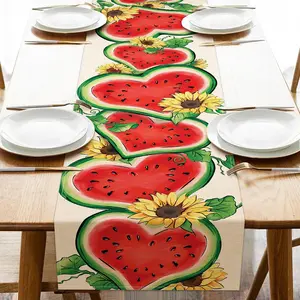 1 2D table flag, Seliem summer watermelon table flag, heart-shaped melon fruit sunflower kitchen table decoration, seasonal linen home decoration, indoor and outdoor party supplies
