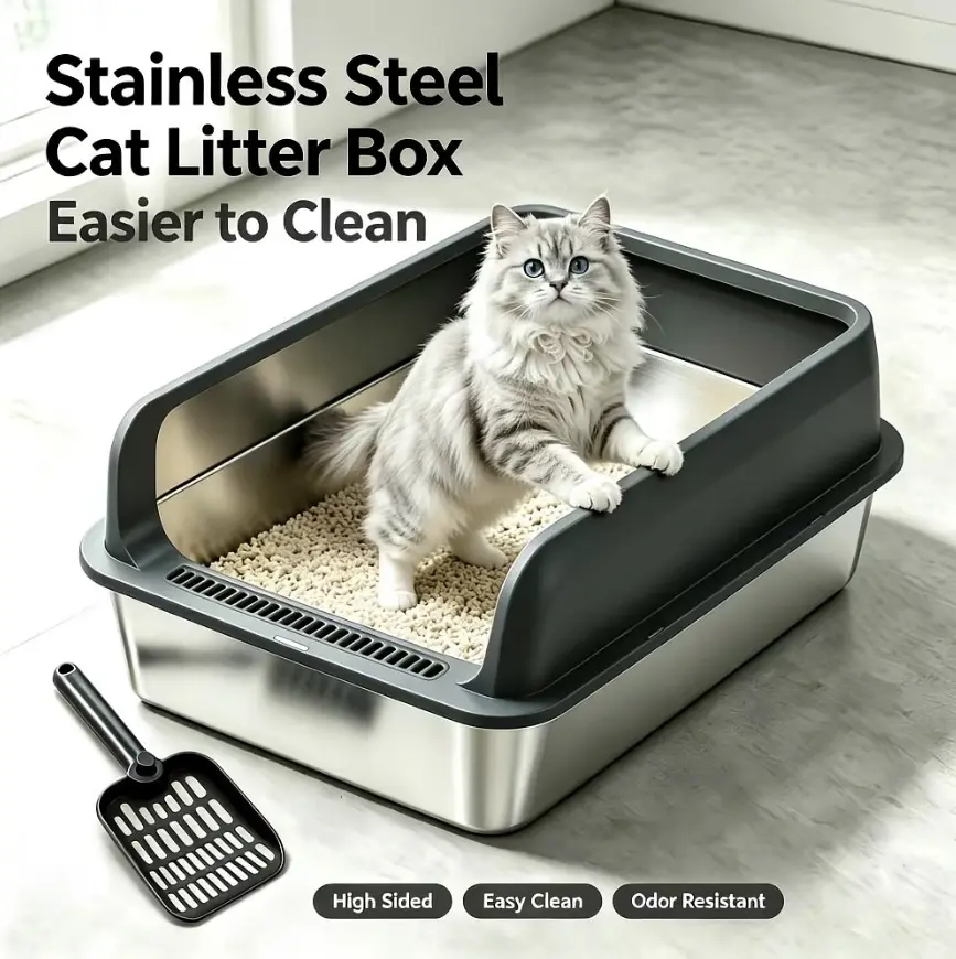 XXL Stainless Steel Cat Litter Box for Pine Pellet/Non-Clumping System, Sifting Litter Pan with Cover for Big Fat Cats, High Sides Prevent Leaks, Non-Stick Base