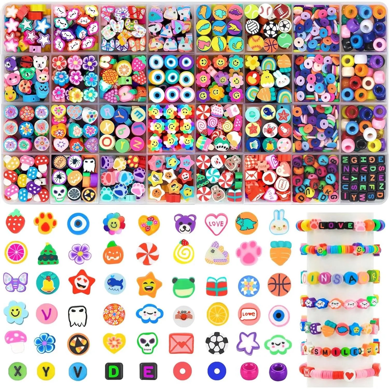 1060 count Polymer Clay Beads Charms Kits 28 Styles Cute Fun Clay Beads Charms Flower Butterfly Heart Letter Pony Beads Charms for Women  Bracelet Necklace Earring Making