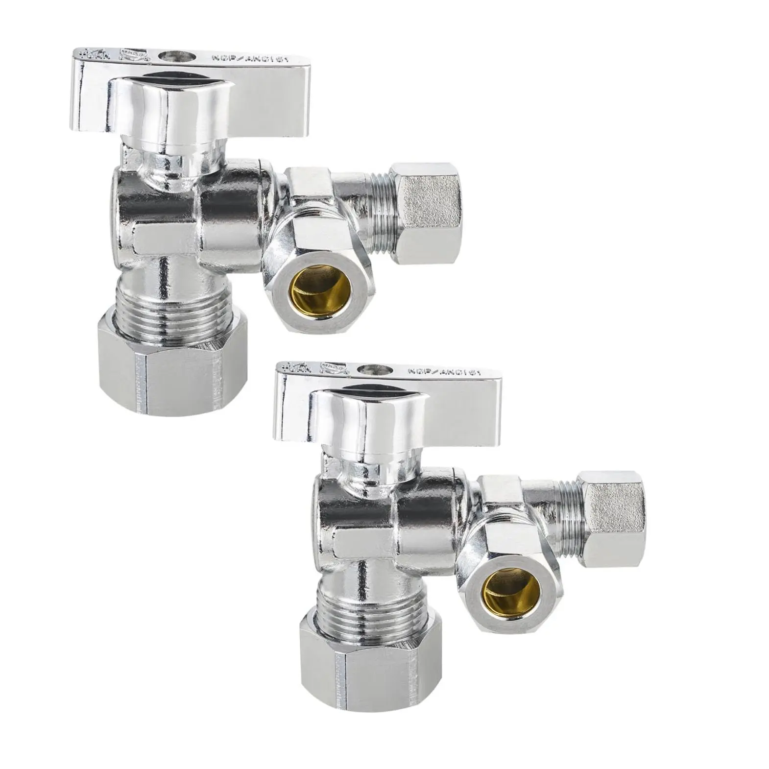 (pack Of 2)  1/4 Turn Dual Outlet Angle Stop Valve 1/2" Nom (5/8" Od) X (3/8 Inch 3/8 Inch)  Chrome Plated Brass Made (valve206)