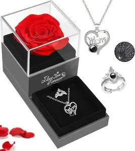 NORCALWAY Preserved Real Rose with Mom Necklace & Ring, Flowers Gifts for Mom Wife from Daughter Son Husband - I Love You in 100 Languages - Eternal Flower Gifts for Mom Wife on Birthdays, Anniversaries, and More