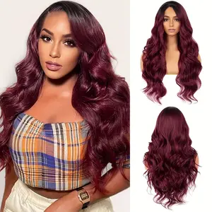 Burgundy Wig 26 Inch Long Wavy Burgundy Wigs with Dark Roots Heat Resistant Synthetic Hair Replacement Wig Body Wavy Wine Red Ombre Wig for Women Black Red Wig for Party Halloween Cosplay Daily Costume Christmas Wig Gift, Daily Hair Transformation