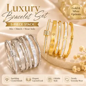 5-Piece Waterproof Titanium Steel Bracelet Set, Rhinestone Design, 18K Gold Plated, Versatile Bracelet, Unisex Elegant Jewelry, Stackable Bracelets, Fashion Bracelet Fashionable Bangle
