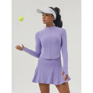 Two-Piece Set Women's Solid Zip Up Jacket & High Stretch Tennis Skirt Set, Casual Pocket Zipper Outerwear & Skort, Ladies Sportswear for Indoor Outdoor Wear