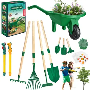 Kids Gardening Tools Set with Wheelbarrow, Wooden & Metal Outdoor Gardening Toys for Summer Outdoor Yard Digging & Weeding, Easter Birthday Gifts for Boys Girls Age 3+ Years